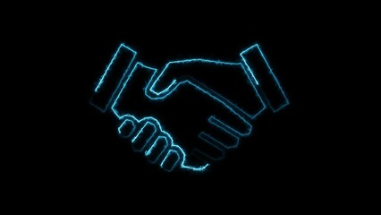 Abstract glowing blue outline of handshake depicting business agreement partnership or collaboration against black background