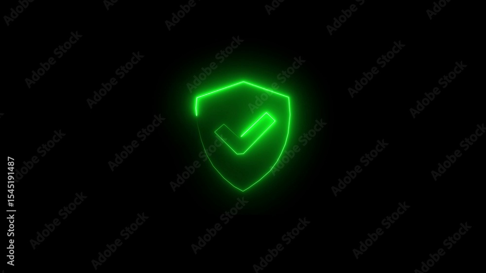 Poster glowing green shield icon with check mark represents protection and verification on dark background