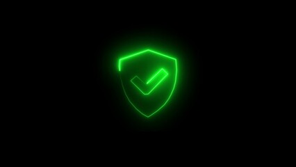 Glowing green shield icon with check mark represents protection and verification on dark background