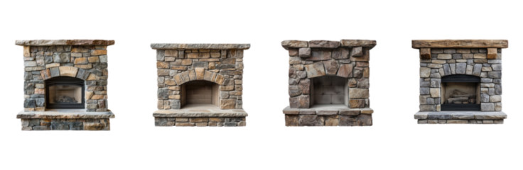 Collection of stone fireplace surround, rustic and timeless, becomes the focal point of the living room. full length isolate on transparent background