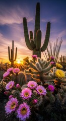 Vibrant desert sunset with blooming cacti and saguaro silhouettes in arizona landscape