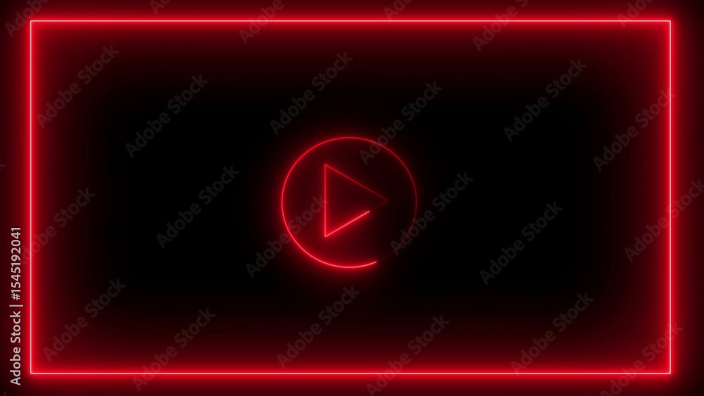 Aufkleber red neon glowing play button inside a frame on a black background perfect for technology digital med