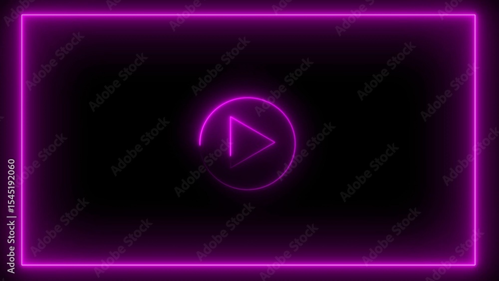 Poster pink neon play button inside glowing rectangle border on a black background for multimedia and moder