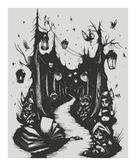 Enchanted Forest Pathway with Whimsical Creatures and Lanterns at Night