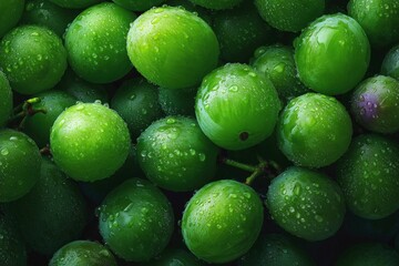 Fresh green grapes with water droplets captured in a close-up view showcasing their vibrant texture and freshness