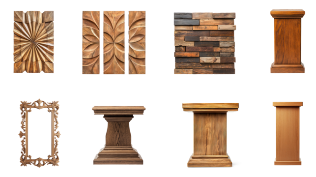 Collection of wooden decor panels, arranged to create a stunning focal point on the wall. full length isolate on transparent background