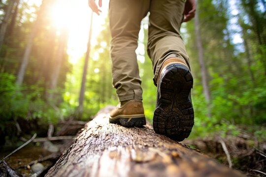 Teenager exploring a fallen tree trunk carefully balancing feet under natural light filtering through leaves