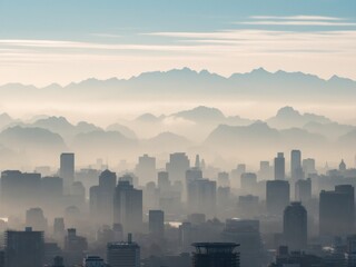 Cityscape at Dawn: Misty Mountains and Urban Skyline