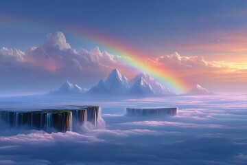 Majestic mountains under a rainbow in a serene sky at sunset above the clouds