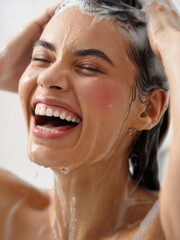 Naklejka premium Woman Washing Hair with Shampoo in Shower