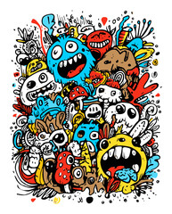 Colorful Doodle Art Filled with Playful Monsters and Whimsical Characters