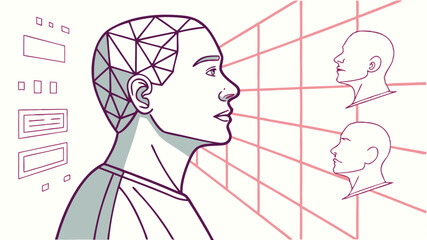 Geometric head with profile views and digital interface elements in a stylized illustration