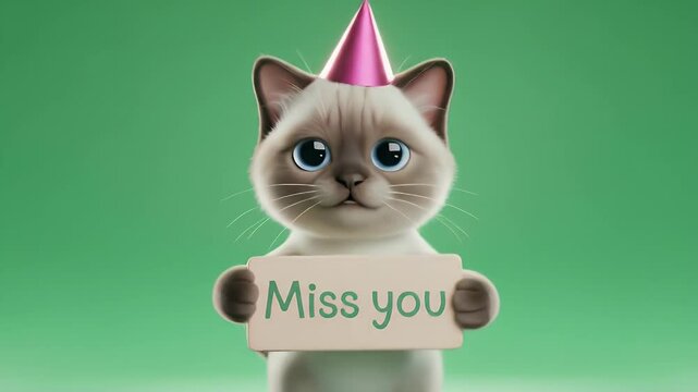 Close Up of a Charming Cat with a Pink Party Hat Holding a Sign Isolated by Green Screen that Reads Miss You