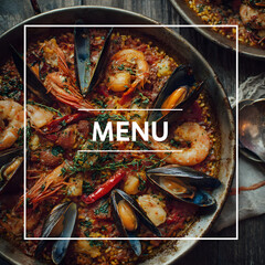 Fotografia de comida paella con diseño con la palabra Menu