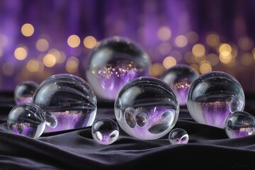Colorful glass orbs arranged on a dark fabric with a sparkling background during a decorative display
