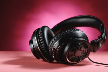 High-quality headphones resting on a pink background with vibrant lighting showcasing intricate design features and textures