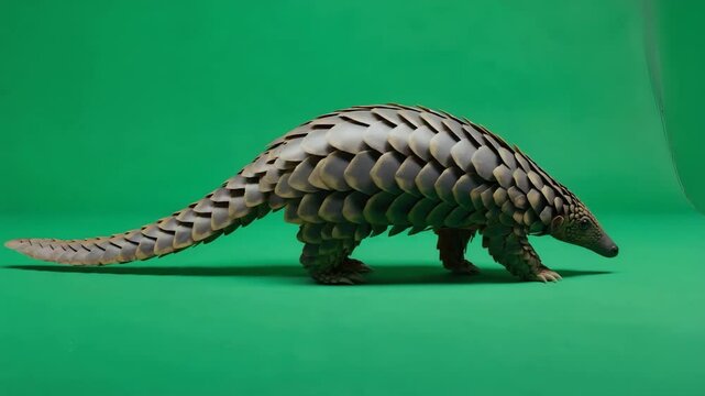 Unique pangolin moves gracefully across a vibrant green background showcasing its distinct scales and features