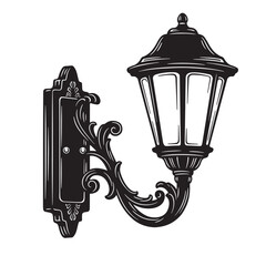 Elegant vintage art silhouette of a black and white wall mounted street lamp illuminated against a clean white backdrop