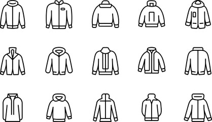Assorted jacket and hoodie outline icons winter and autumn clothing collection