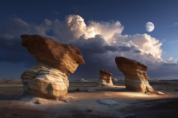 Majestic rock formations illuminated by the moonlight under a dramatic sky at dusk in a serene desert landscape