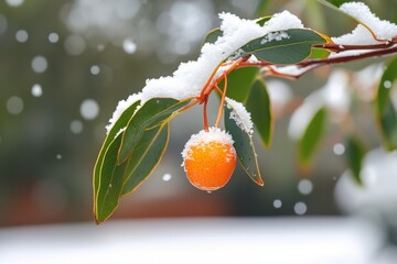 Snow-covered branch with bright orange fruit in winter landscape surrounded by falling snowflakes
