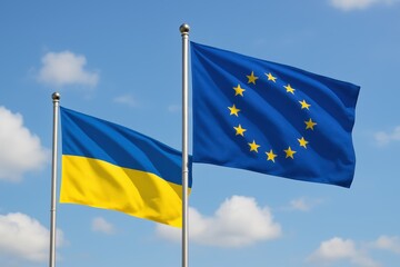 Ukrainian and European Union flags flying side by side against a partly cloudy blue sky, symbolizing unity, support, and diplomacy.