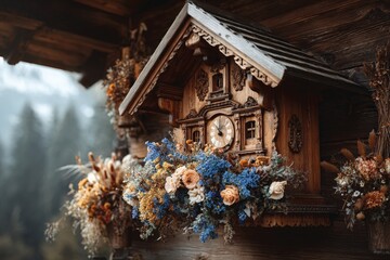 Detailed wooden cuckoo clock adorned with flowers in a rustic mountain setting during autumn