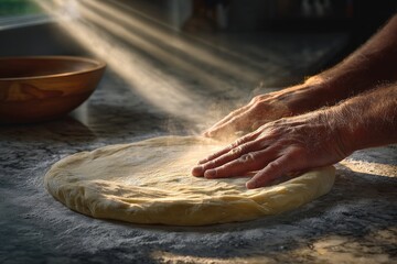 Hands kneading dough on a kitchen countertop with sunlight streaming through a window in the afternoon