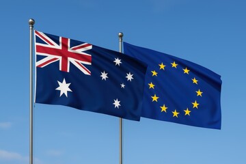 Australian and European Union flags flying side by side against a clear blue sky, symbolizing diplomacy, trade, or cooperation.