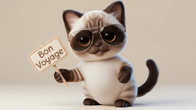 Charming Siamese Cat in Sunglasses Holding Bon Voyage Sign Against Beige Backdrop Travel Animation Scene