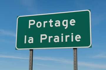 Green road sign reading "Portage la Prairie" in white text, standing under a blue sky with thin cloud streaks.