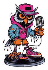 Obraz premium Stylish Cartoon Owl with Microphone and Vinyl Record in Urban Outfit