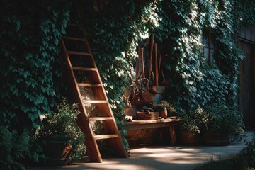 Rustic garden with wooden ladder and tools surrounded by lush greenery during late afternoon sunlight