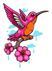Obraz premium Colorful Cartoon Hummingbird with Cherry Blossoms and Vibrant Background