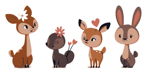 Cute Cartoon Animals Featuring Deer and Rabbit Characters in Vector Art