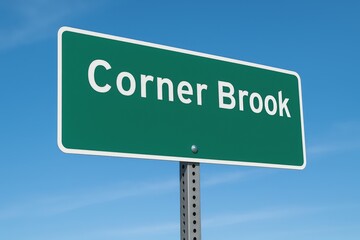 Green roadside sign reading "Corner Brook" stands clearly under a vivid blue sky, indicating the town's entry point.