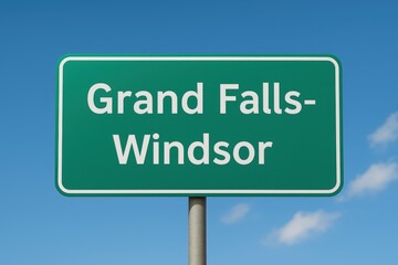 Green highway sign reading "Grand Falls-Windsor" under a bright blue sky, marking the entrance to the town or city.