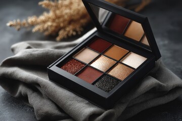 Beautiful eyeshadow palette arranged on a soft fabric with decorative dried plants in the background