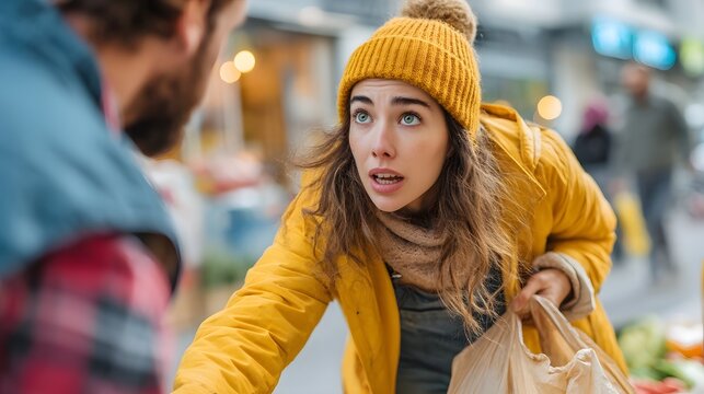 A woman expresses surprise and gratitude after receiving help picking up dropped groceries in a busy urban setting - Powered by Adobe