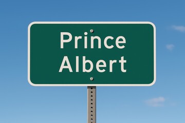 Green road sign displaying "Prince Albert" against a clear blue sky, indicating city entrance, travel direction, or Saskatchewan location.