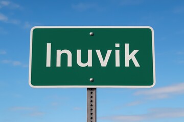 Green road sign displaying "Inuvik" beneath a bright blue sky, indicating city entrance, travel direction, or Northwest Territories location.