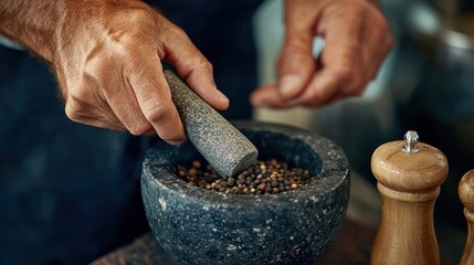 A close-up of hands holding a stone pestle, crushing peppercorns in a traditional mortar, with a wooden spoon and salt shaker beside