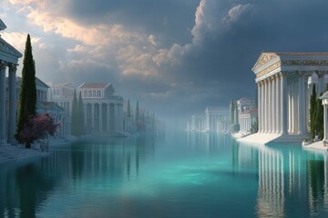 Majestic ancient city along a serene river under a dramatic cloudy sky at twilight