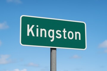 Green road sign displaying "Kingston" against a bright blue sky, representing city entrance, travel direction, or Ontario destination.