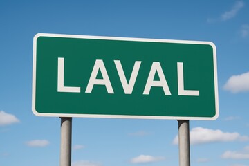 Green road sign displaying the name Laval under a bright blue sky with clouds, symbolizing city location or travel direction.