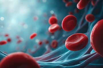 Red blood cells navigating through blood vessels in a vibrant scientific visualization