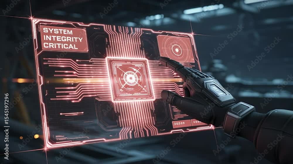 Poster digital interface: a hand interacts with a futuristic digital interface displaying intricate circuit