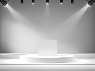 White product display platform with spotlights, minimalist studio setting
