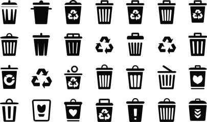 Set of black and white trash can icons waste management concept