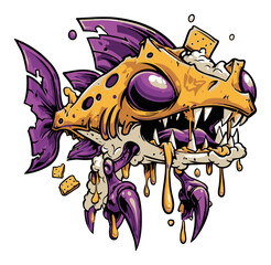 Naklejka premium Colorful Cartoon Cheese Monster with Fish Features and Playful Expression